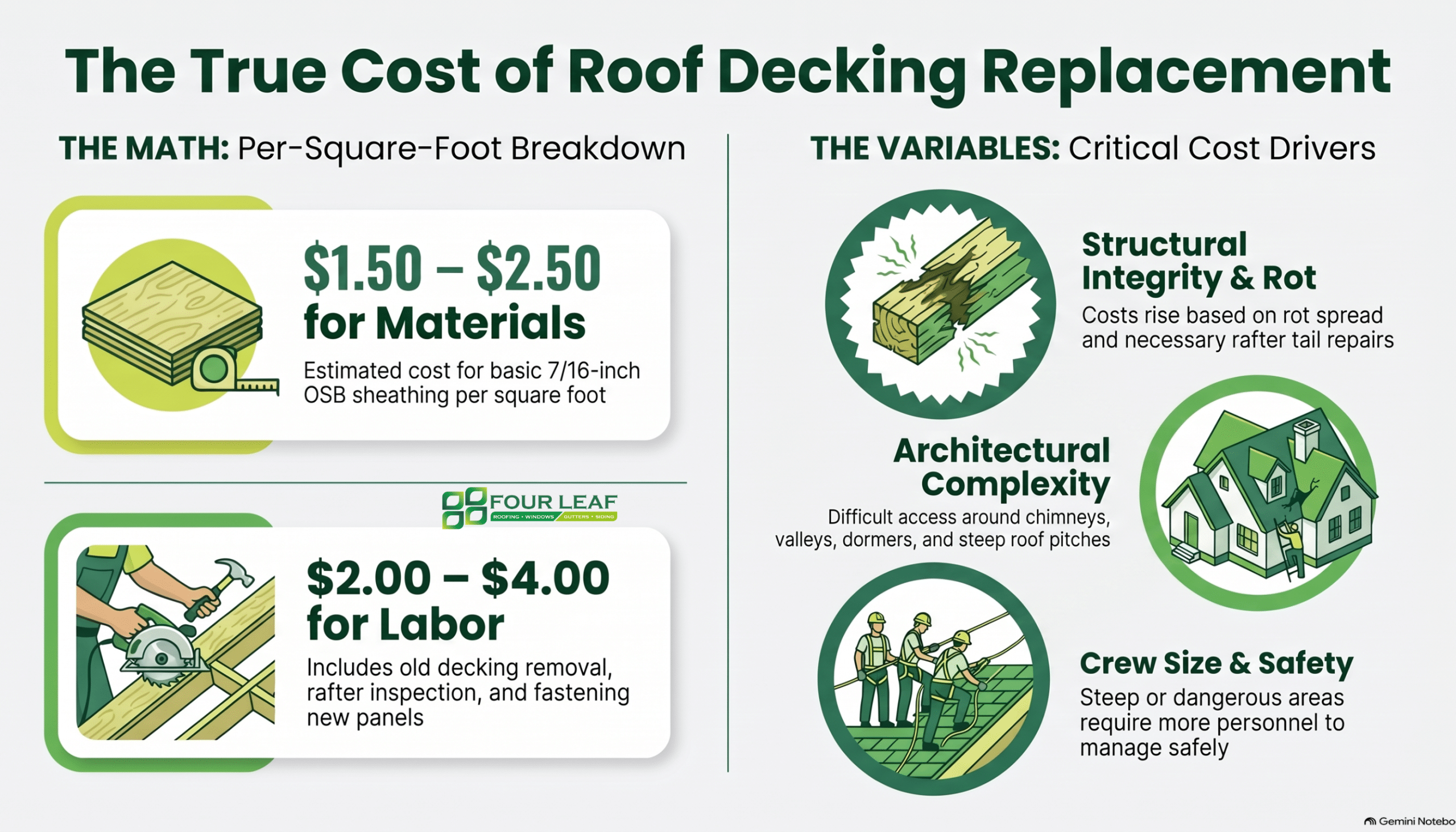 Infographic detailing the math and variables of roof decking replacement cost, including labor and materials