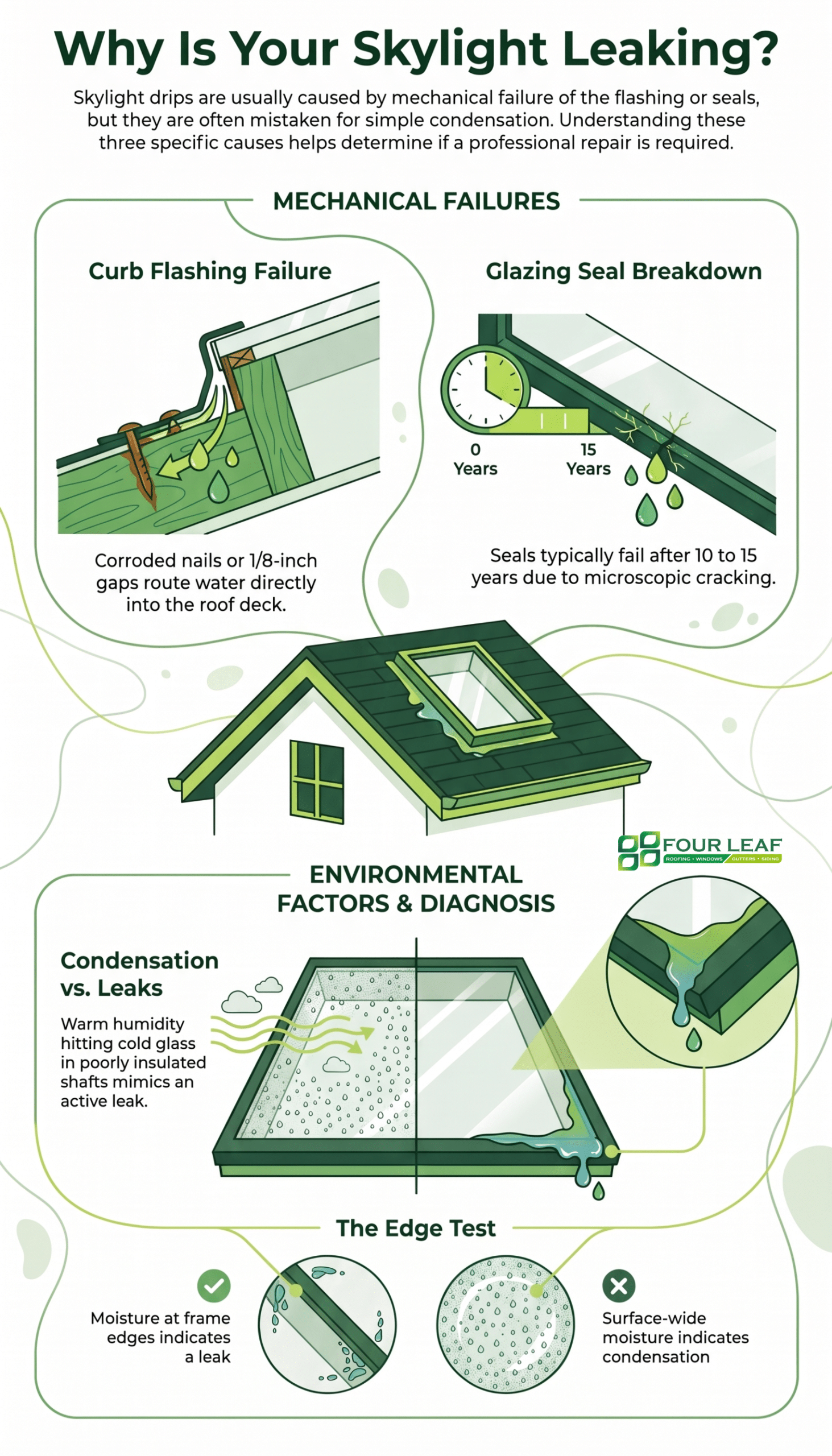 Infographic showing leak causes that impact skylight leak repair cost